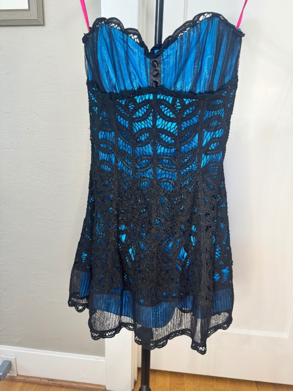 Rare Vintage Betsey Johnson Y2K Blue Strapless Black Lace Mini dress Size 4